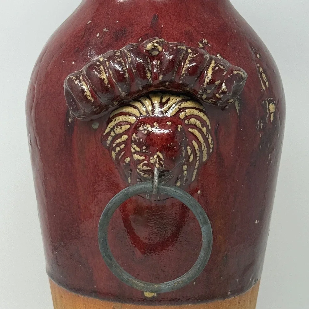 Rustic Red Lion Head Vase Glazed Metal Ring Handles 15.5